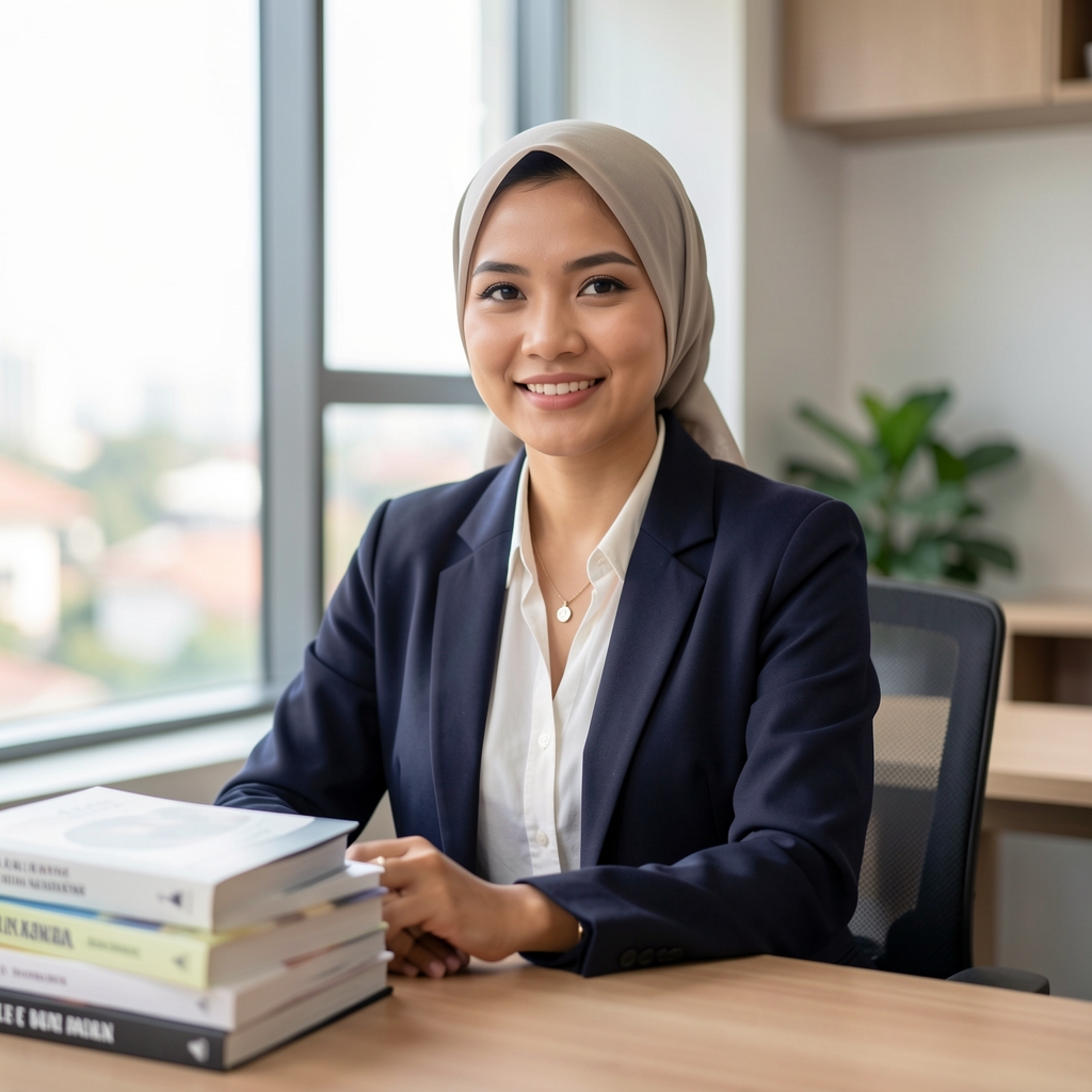 Editorial portrait of a professional Indonesian wellness specialist at a desk with reference books, natural light from a wide window in a clean modern workspace in Jakarta