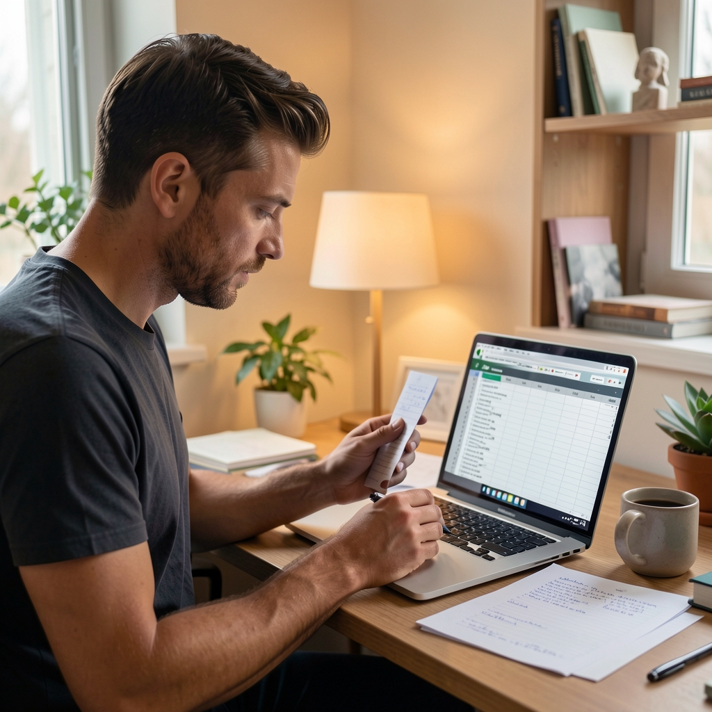 Man reviewing progress notes in a fitness log with a laptop open to a spreadsheet in a quiet home office with warm ambient lighting
