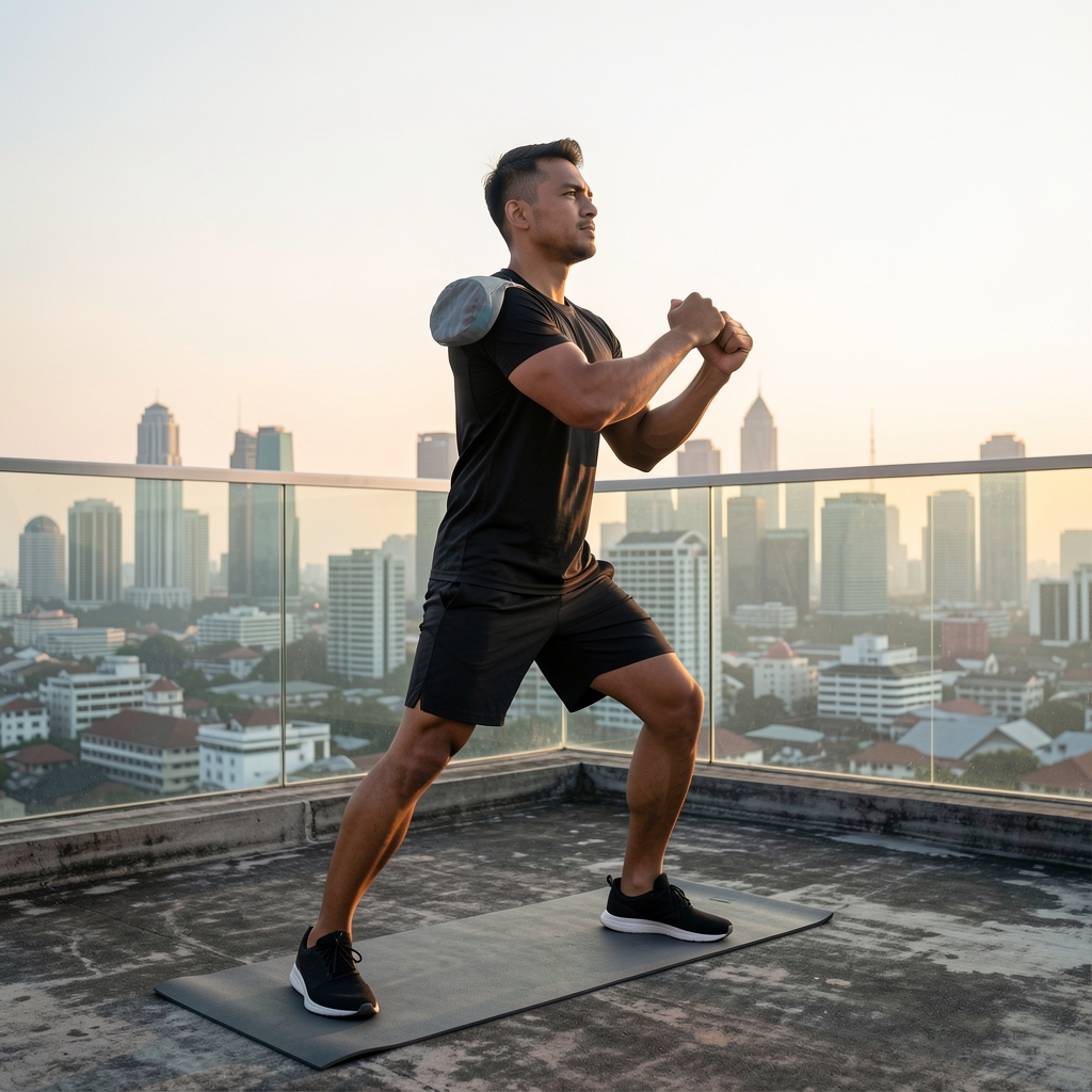 Active Indonesian man in athletic clothing performing a morning workout on a rooftop overlooking the Jakarta city skyline at dawn