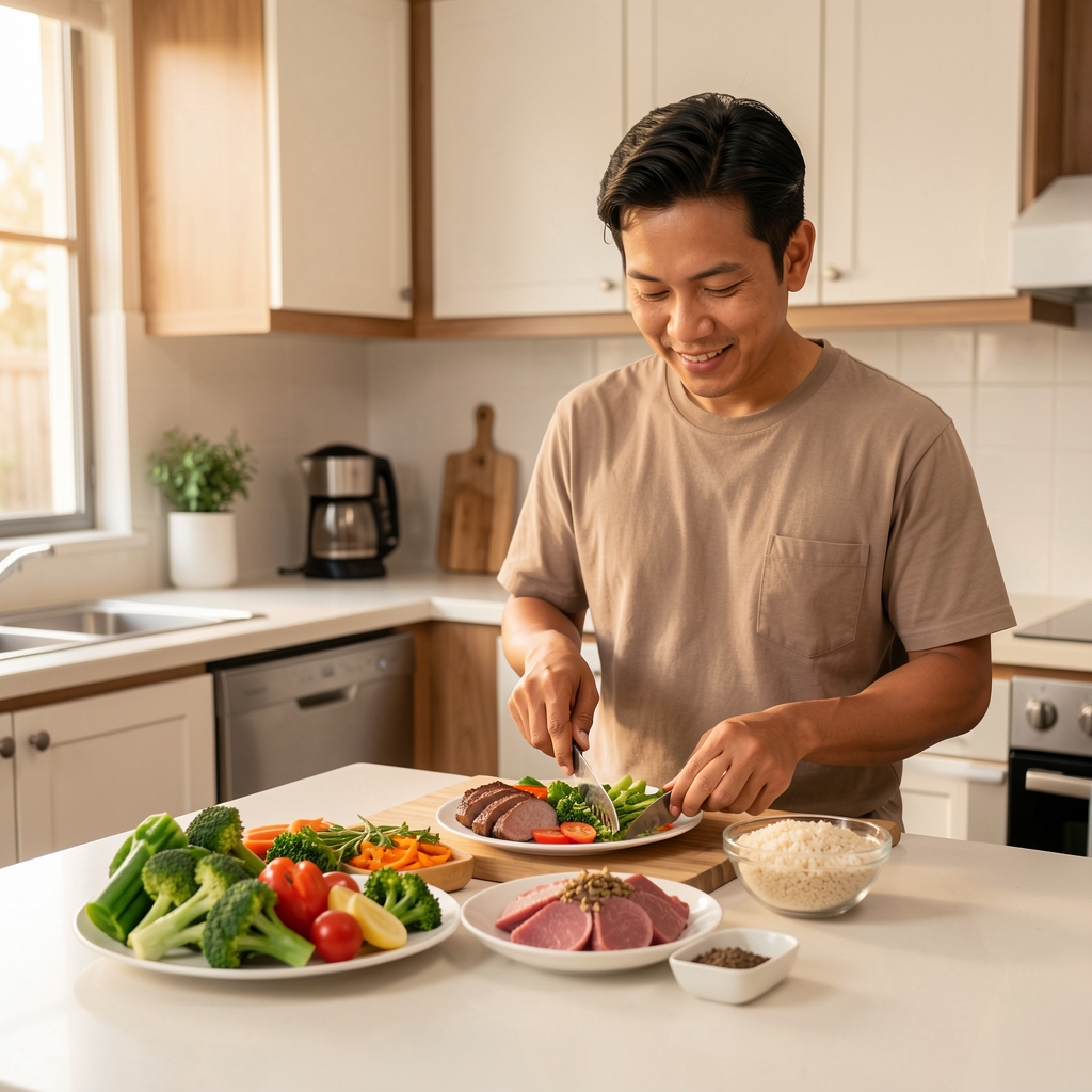 Indonesian man preparing a balanced meal with fresh vegetables, lean protein, and whole grains on a clean kitchen counter under warm studio lighting