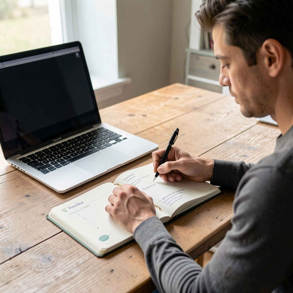 Man writing in a structured wellness journal on a wooden desk beside a laptop, recording morning routine habits in natural daylight