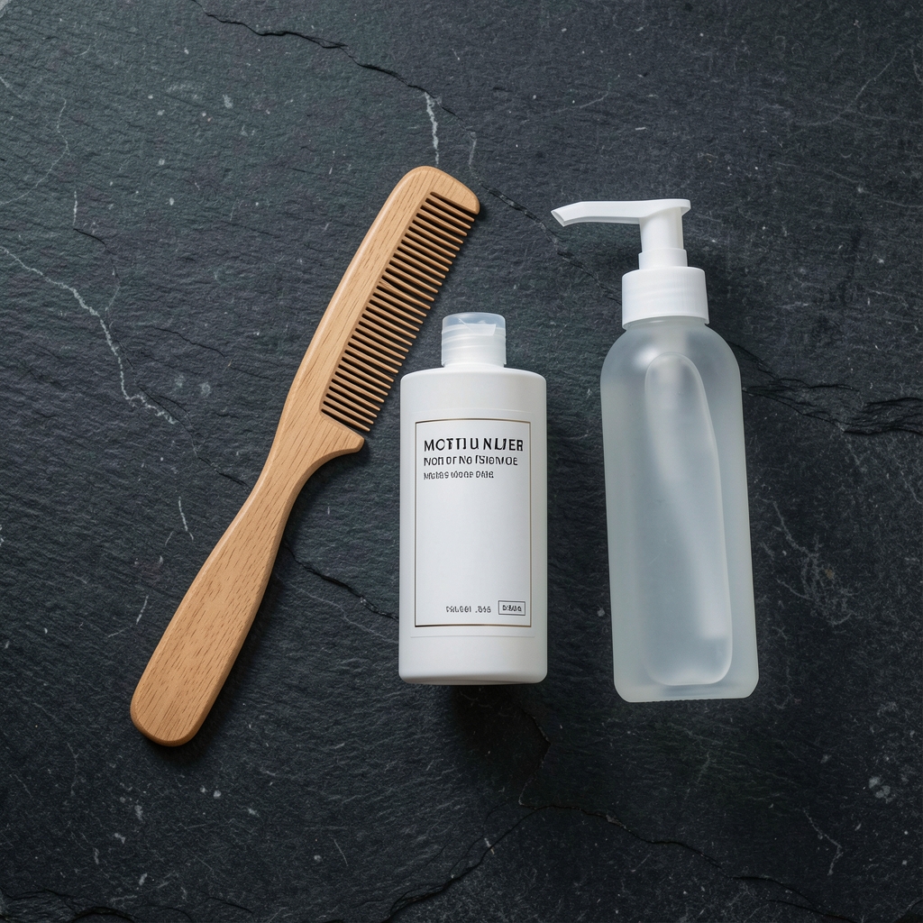 Minimalist flat-lay of grooming essentials including a wooden comb, moisturiser, and face wash on a dark stone surface