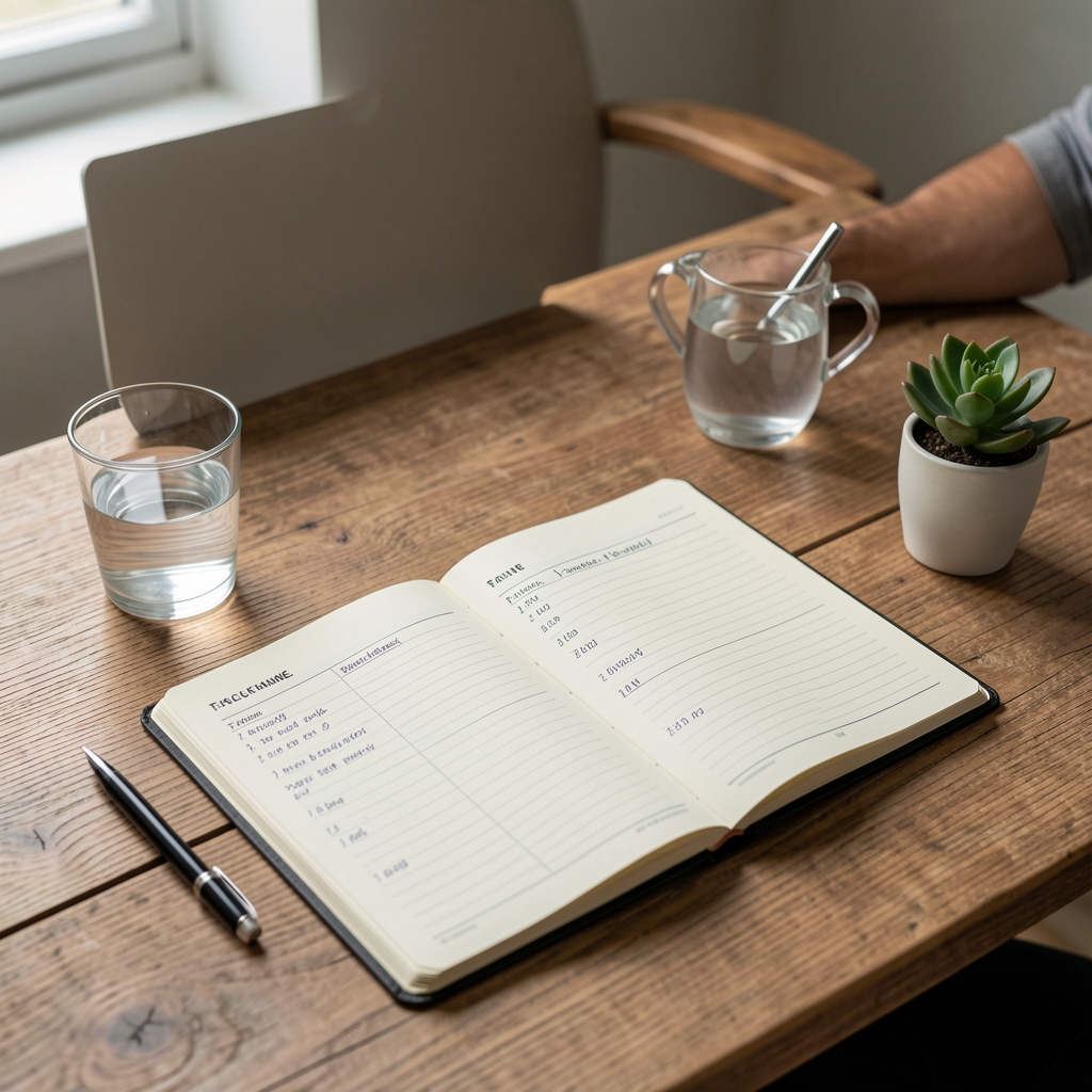 Man tracking fitness progress in a structured journal on a wooden desk with a glass of water and a small plant nearby