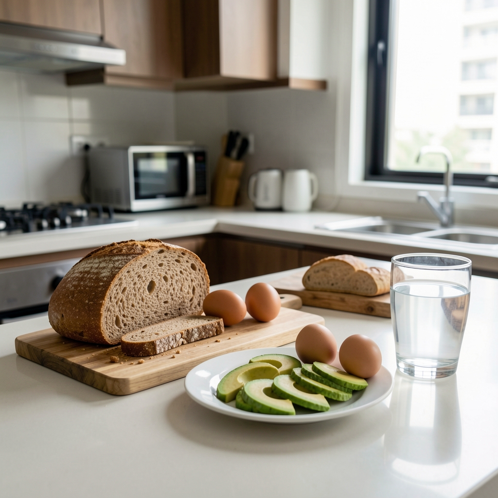 Organised breakfast preparation in a Jakarta apartment kitchen with whole grain bread, eggs, sliced avocado, and a glass of water on a clean countertop