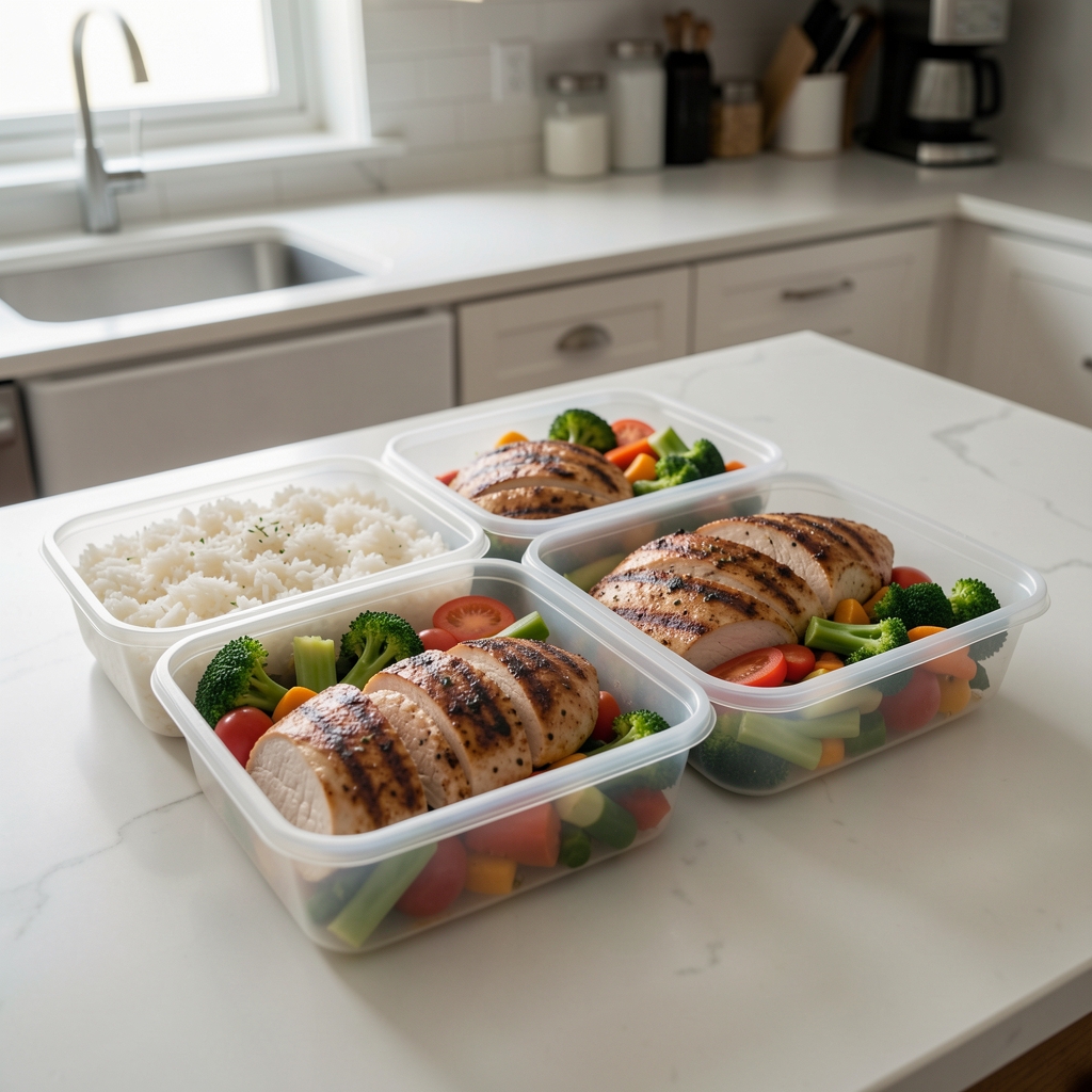 Structured weekly meal prep containers with portioned rice, grilled chicken, and mixed vegetables arranged on a clean kitchen table
