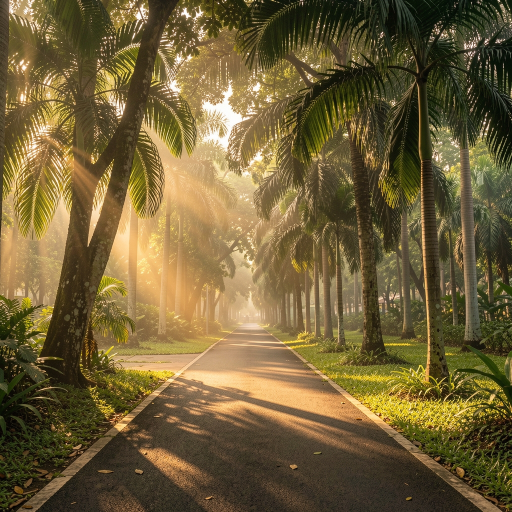 Jakarta park trail at early morning with low golden light filtering through tropical trees and an empty running path visible in the distance
