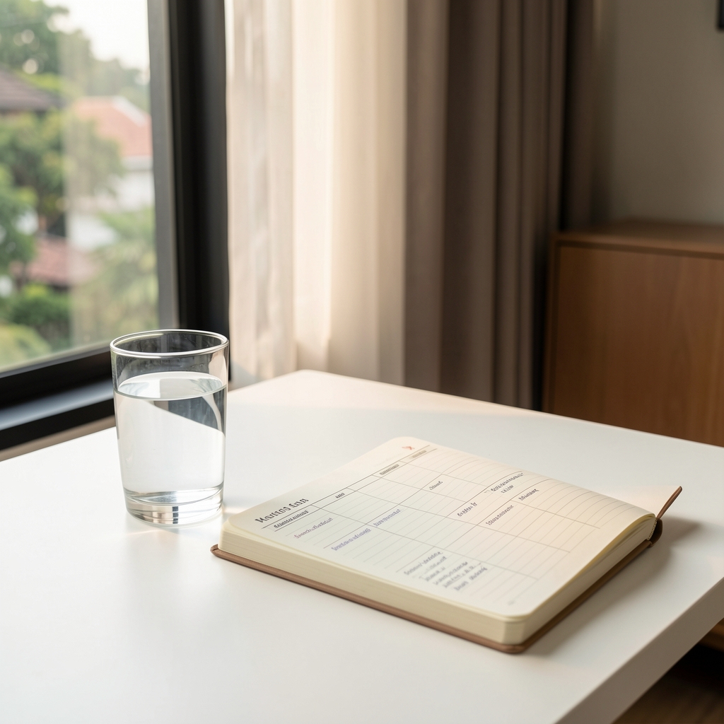 Clean glass of water and a structured meal plan journal on a white table beside a window with soft morning light in a residential Jakarta setting